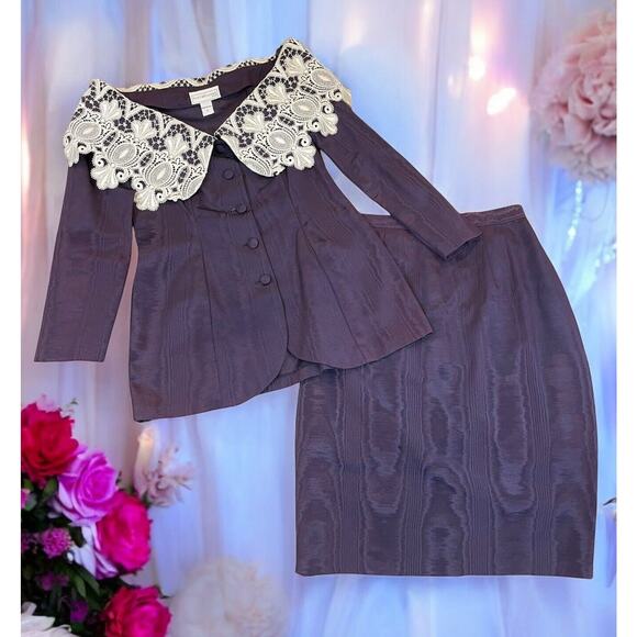 VTG 80s 90s Scott McClintock 2 Piece Skirt Suit Sz 8 Purple Taffeta Lace Collar - Picture 1 of 15